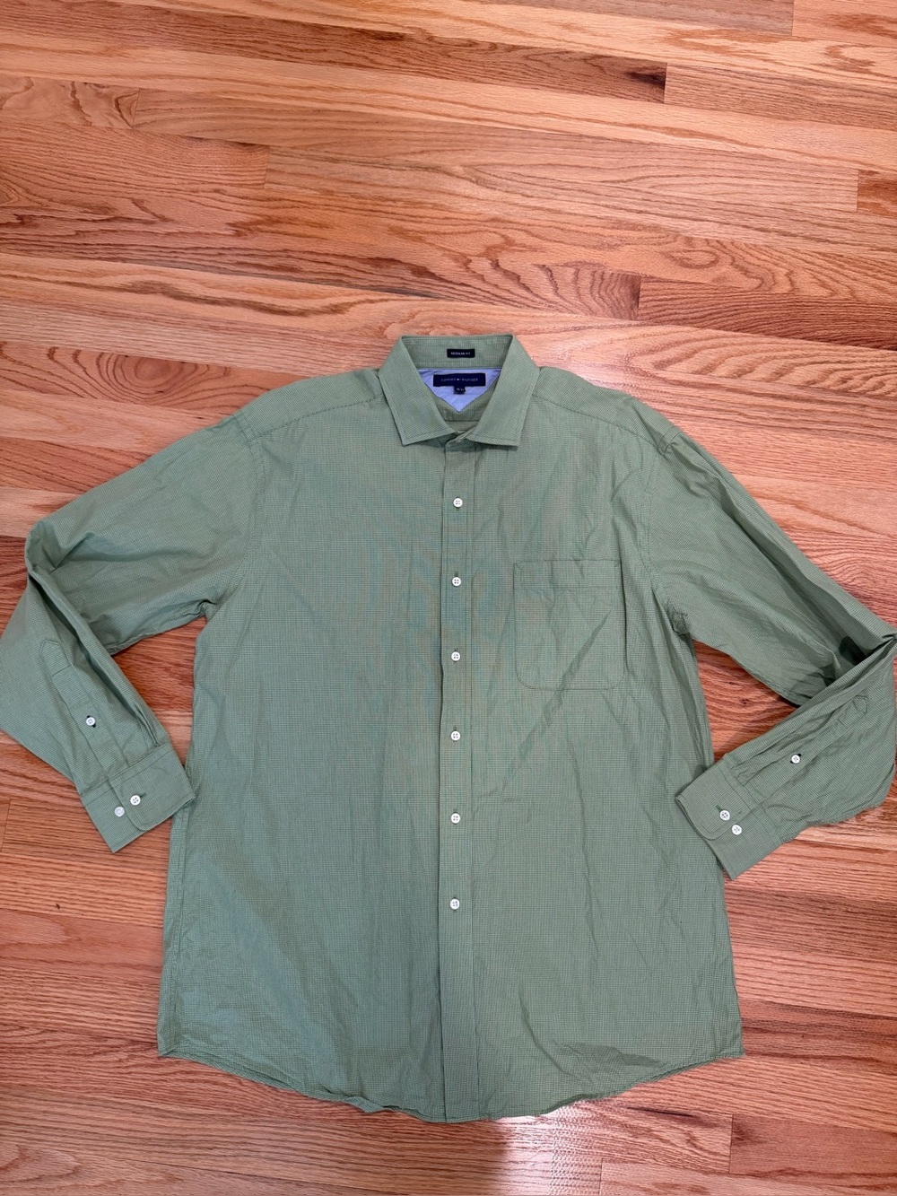 Tommy Hilfiger Men’s Green Micro Check Button Down Shirt 16.5 34/35 Regular Fit